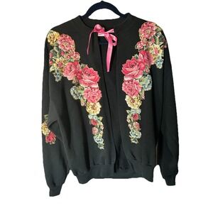 Hand Crafted Vintage Jerzees Black Floral Open Front Sweater With Tie Size Xl